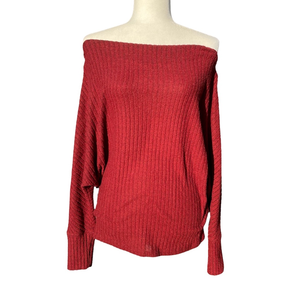 Fashion Nova Off the Shoulder Ribbed Maroon Sweater